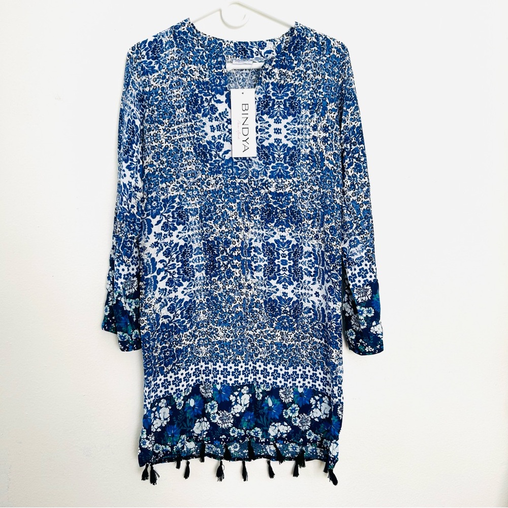 NWT Bindya Womens Tunic Dess V-neck longsleeve Summer Resort Costal Boho S/M